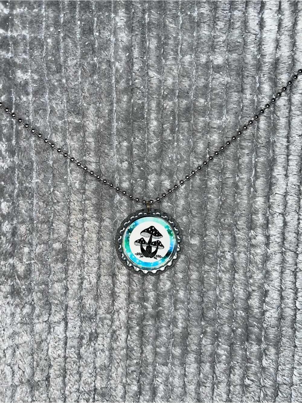 Silver Bottle Cap Mushroom Pendant Necklace - Blue Accent